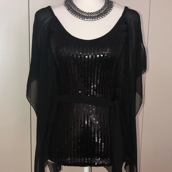 Black Sequence Top with Chiffon Sleeves - Picture 2 of 5